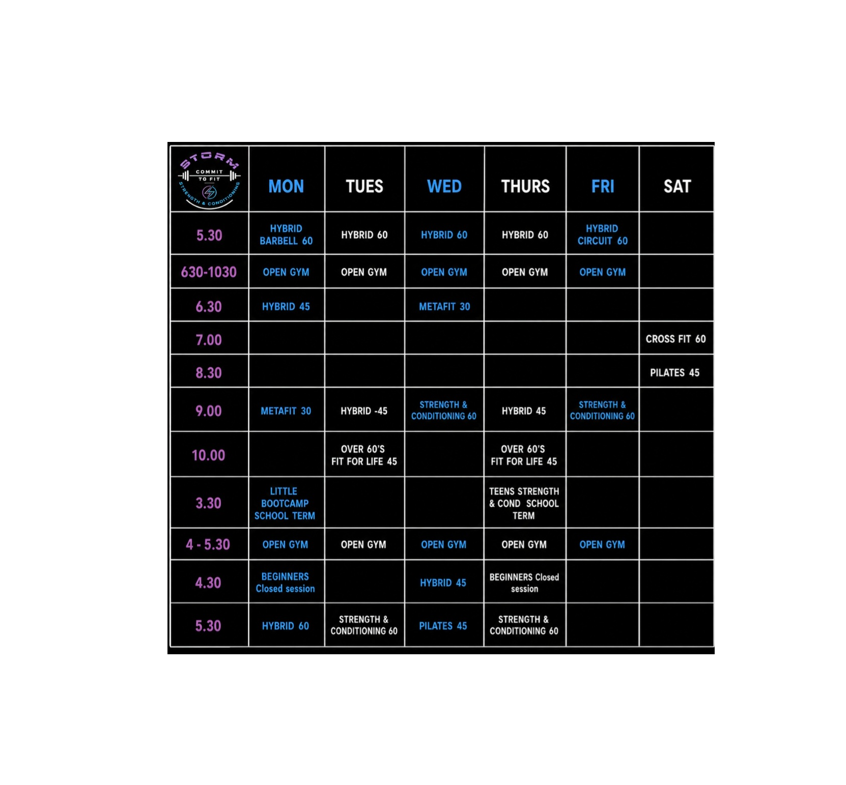 Storm weekly class timetable showing sessions from Monday to Saturday